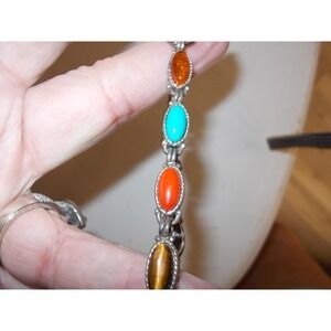 Multi Gemstone Southwestern Link Bracelet Turquoise Tigers Eye Amber Toggle